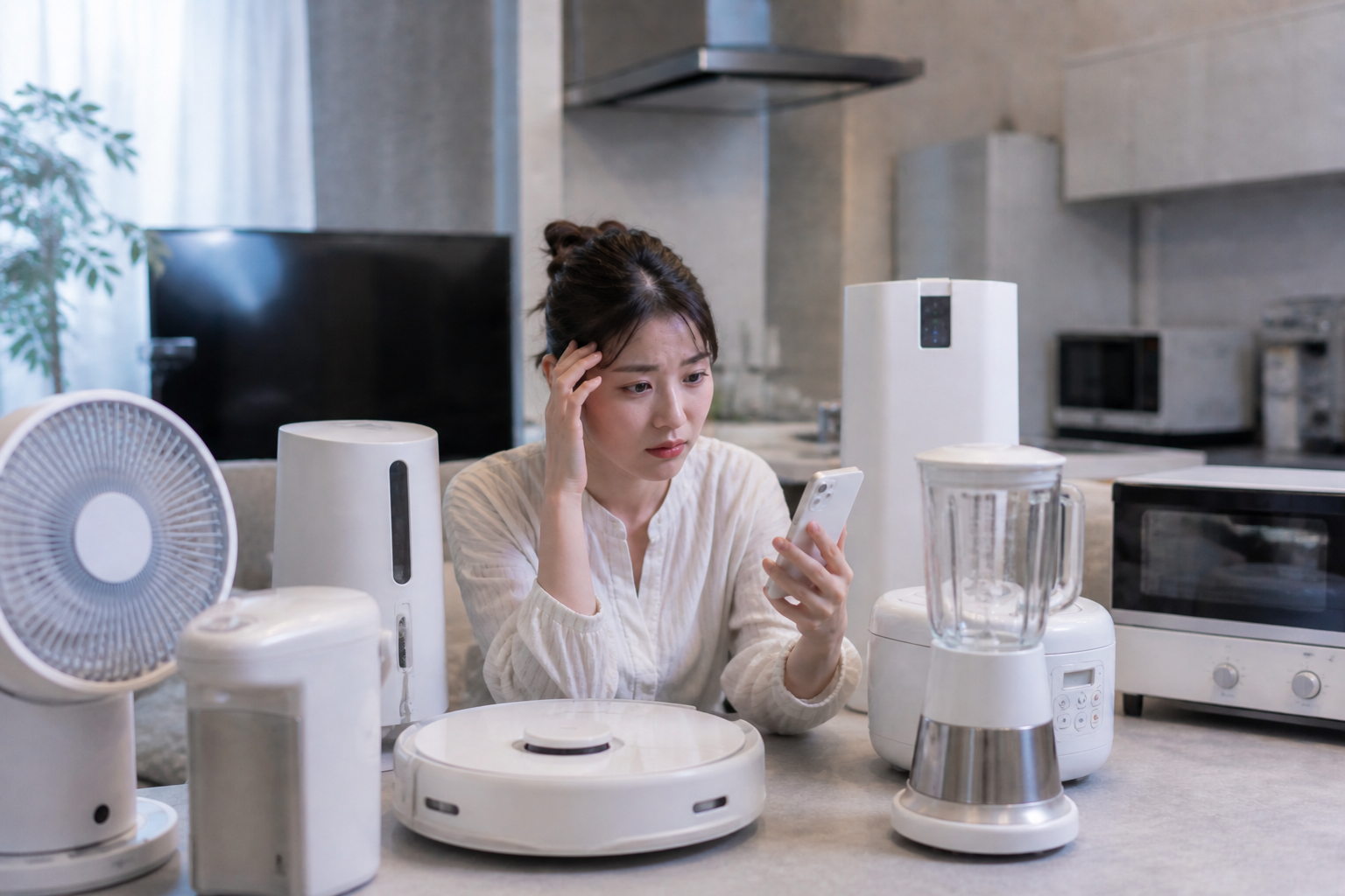 家電にかこまれて不安な女性
